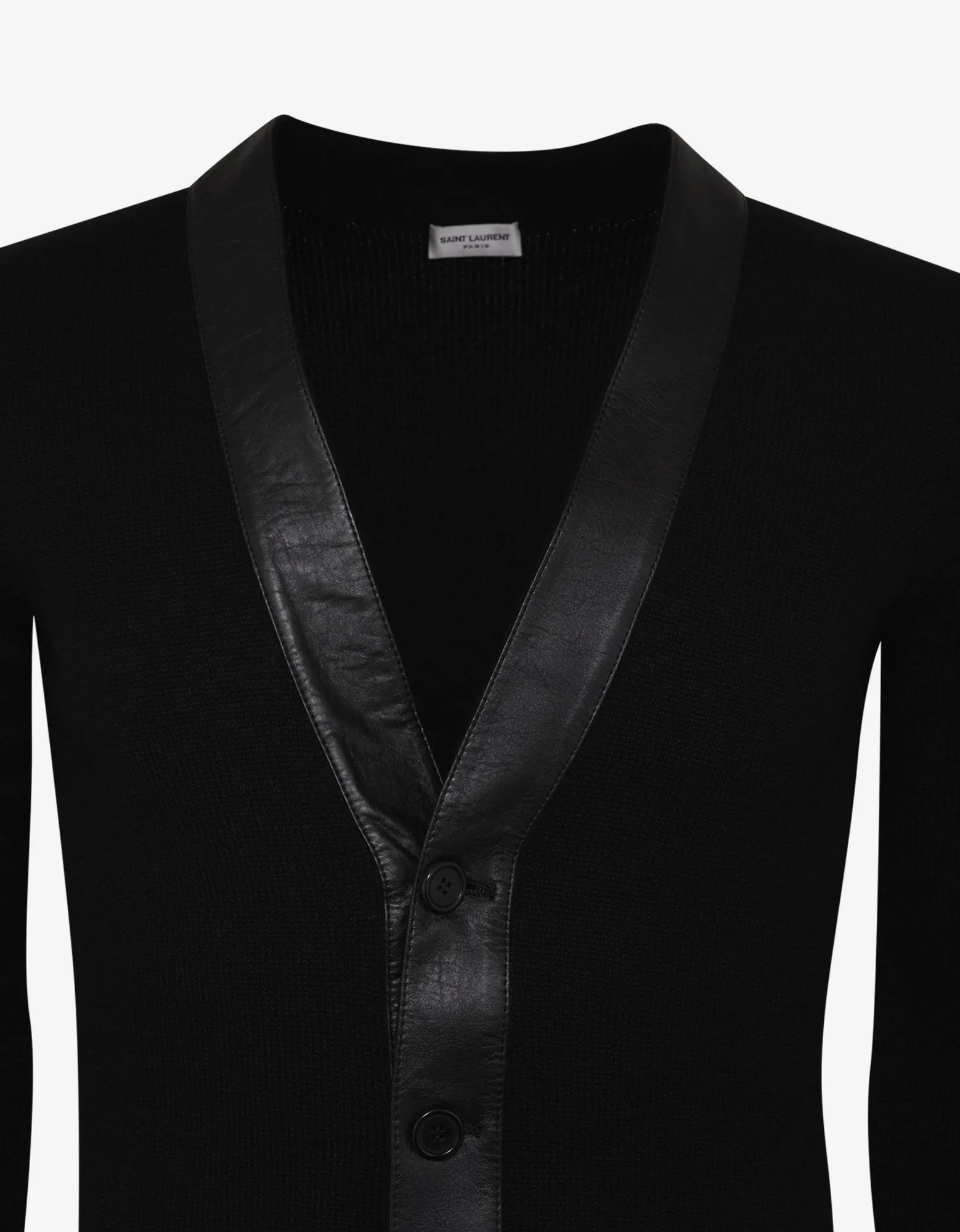 Black Cashmere Cardigan with Leather Trim