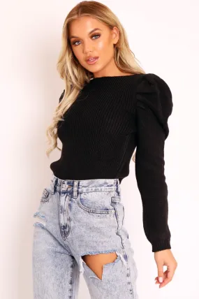 Black Chunky Knit Puff Sleeve Jumper - Hannahmae