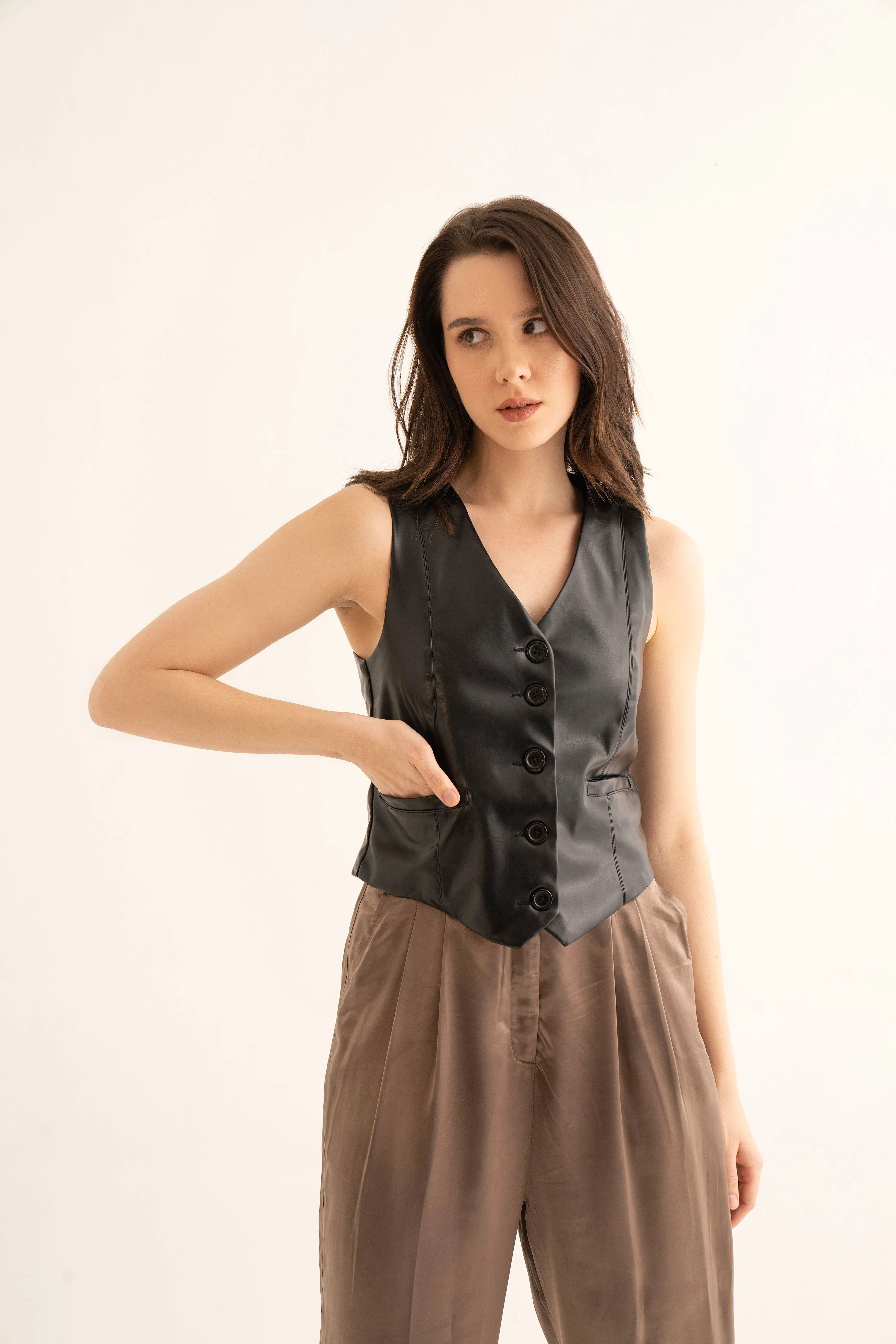 Black Faux Leather Waistcoat