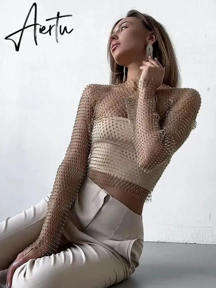 Black Friday Women Sexy Mesh See Through T Shirt Shiny Rhinestone Fishnet Hollow Out Crop Top Long Sleeve Beach Cover Up Party Club Tank Tops