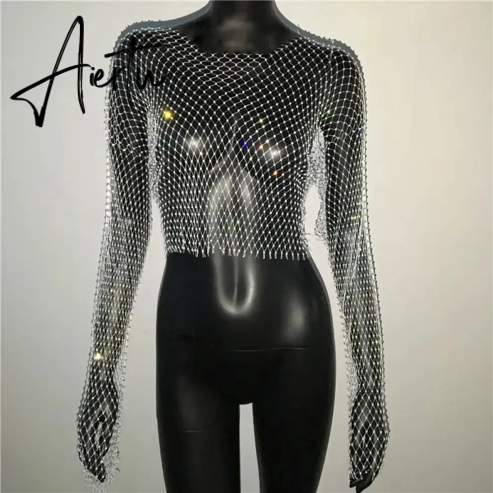 Black Friday Women Sexy Mesh See Through T Shirt Shiny Rhinestone Fishnet Hollow Out Crop Top Long Sleeve Beach Cover Up Party Club Tank Tops