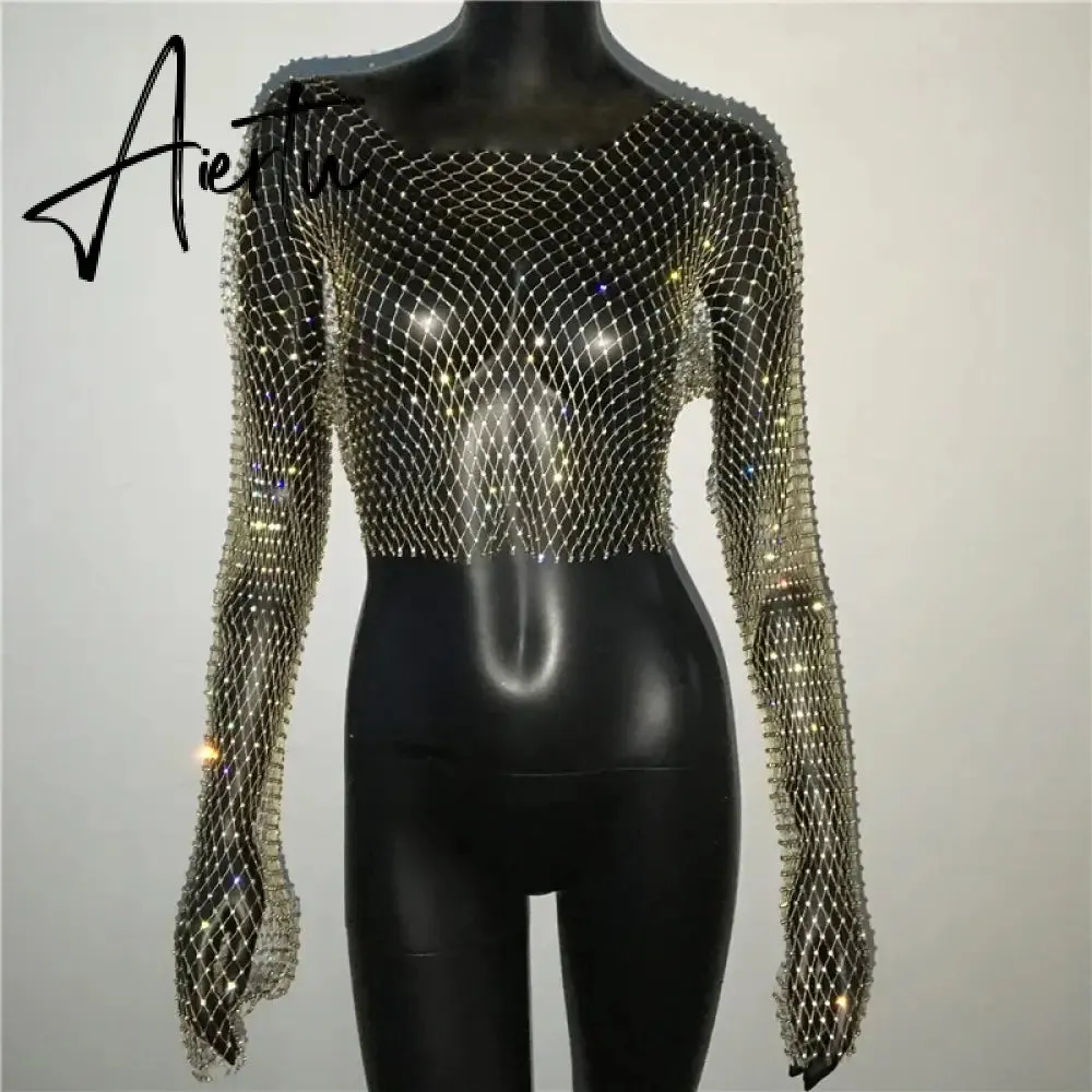 Black Friday Women Sexy Mesh See Through T Shirt Shiny Rhinestone Fishnet Hollow Out Crop Top Long Sleeve Beach Cover Up Party Club Tank Tops