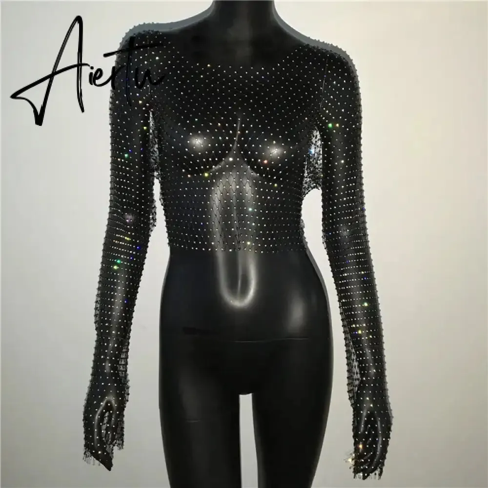 Black Friday Women Sexy Mesh See Through T Shirt Shiny Rhinestone Fishnet Hollow Out Crop Top Long Sleeve Beach Cover Up Party Club Tank Tops