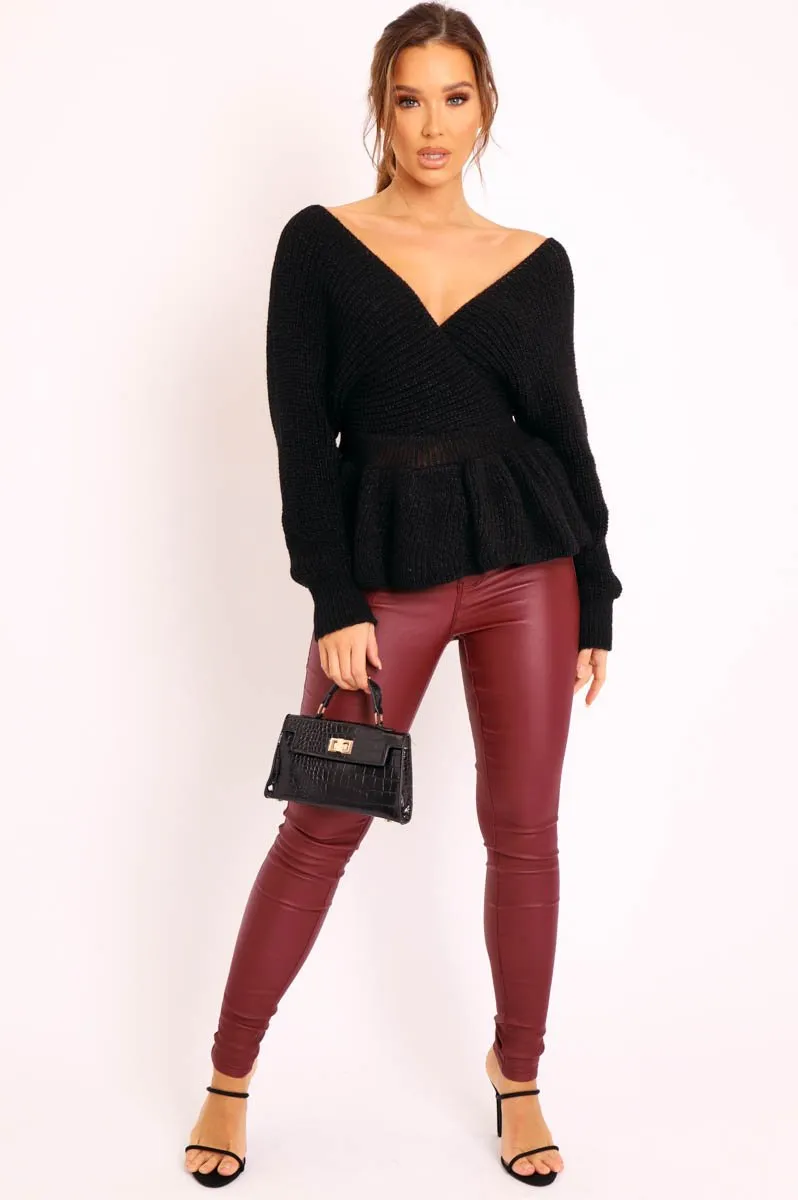 Black Knitted Wrap Front Plunge Peplum Jumper - Samara