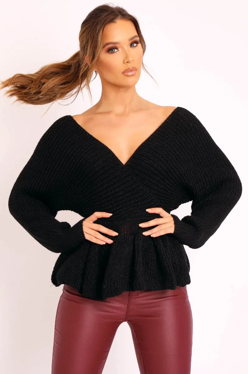 Black Knitted Wrap Front Plunge Peplum Jumper - Samara