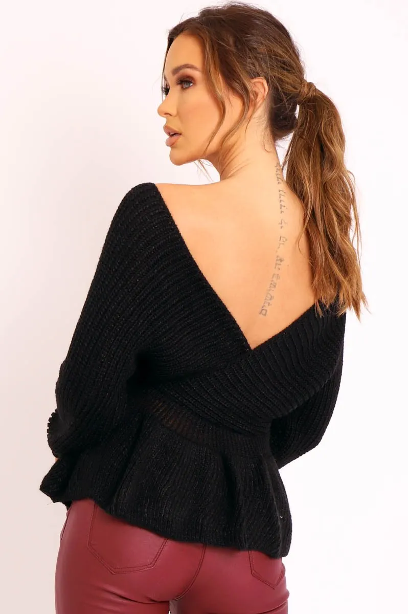 Black Knitted Wrap Front Plunge Peplum Jumper - Samara