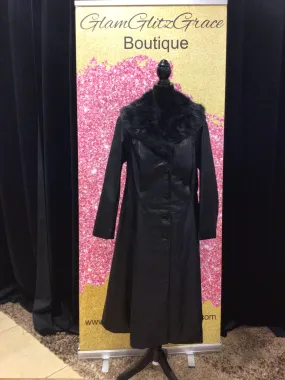 Black Leather Button Up Coat With Faux Fur (Detachable)