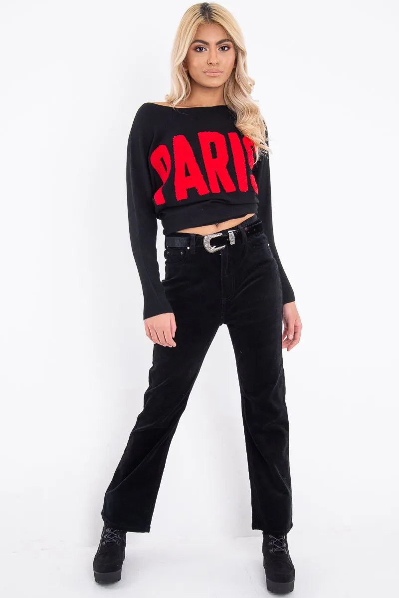 Black Rib Knit Paris Slogan Jumper - Khylah