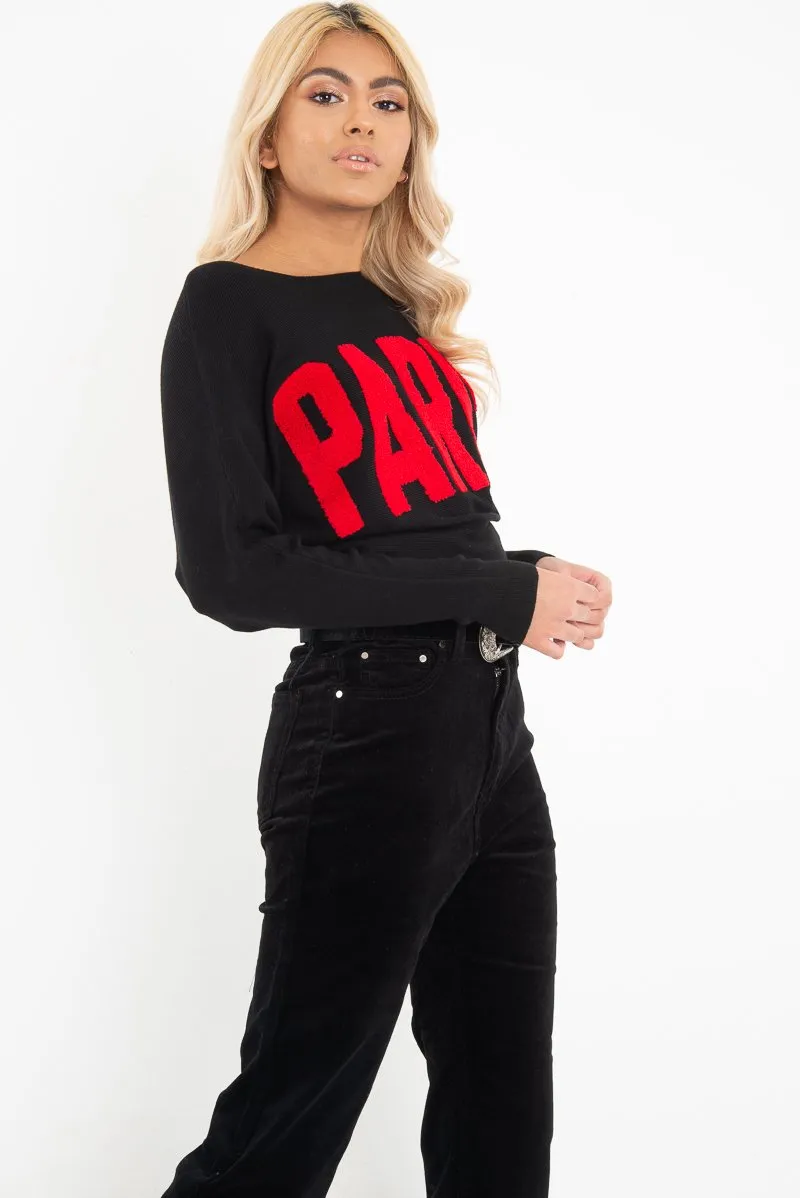 Black Rib Knit Paris Slogan Jumper - Khylah