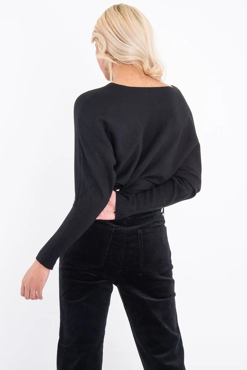 Black Rib Knit Paris Slogan Jumper - Khylah