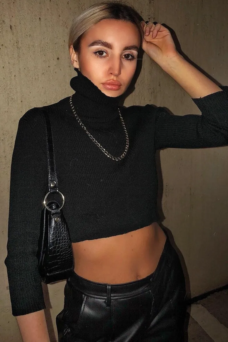 Black Rib Roll Neck Crop Jumper - Hayvin