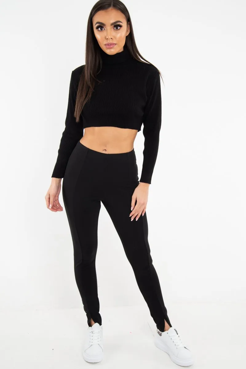 Black Rib Roll Neck Crop Jumper - Hayvin