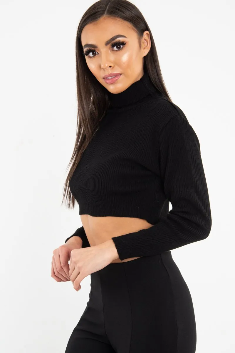 Black Rib Roll Neck Crop Jumper - Hayvin