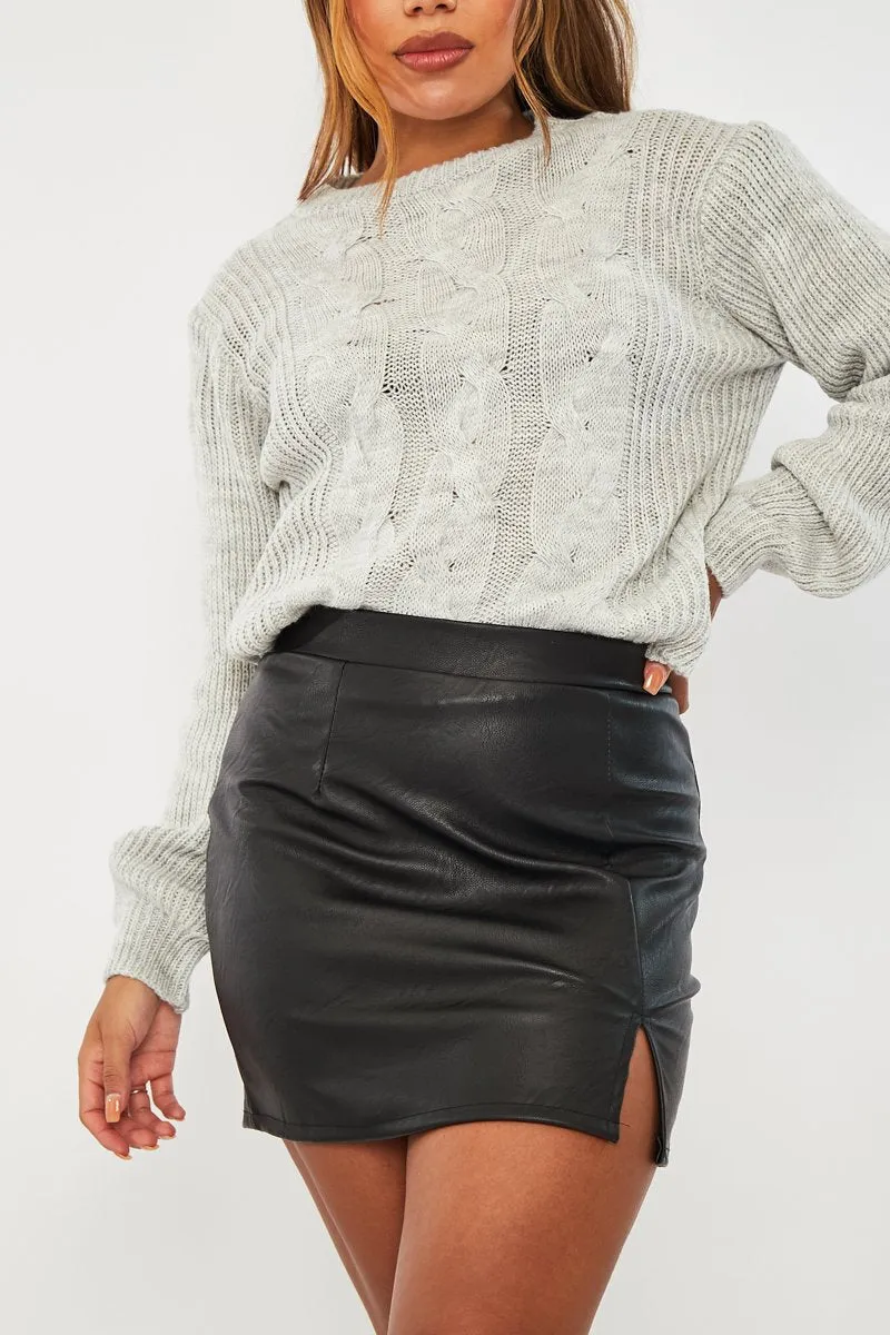 Black Side Split Faux Leather Mini Skirt - Jossy