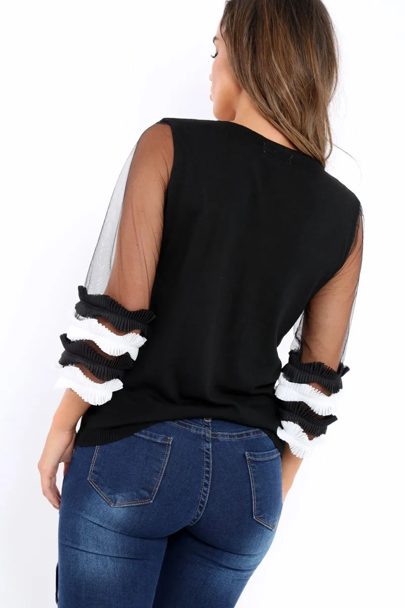 Black V Neck Jumper with Mesh Ruffled Sleeves - Amirah