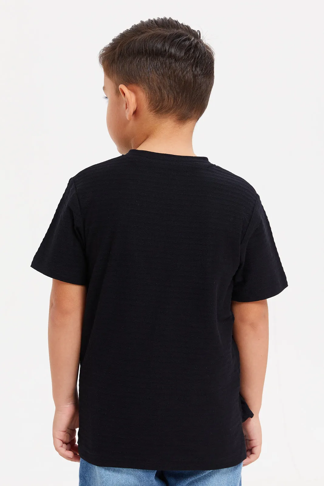 Boys Black Henley Jacquard T-Shirt