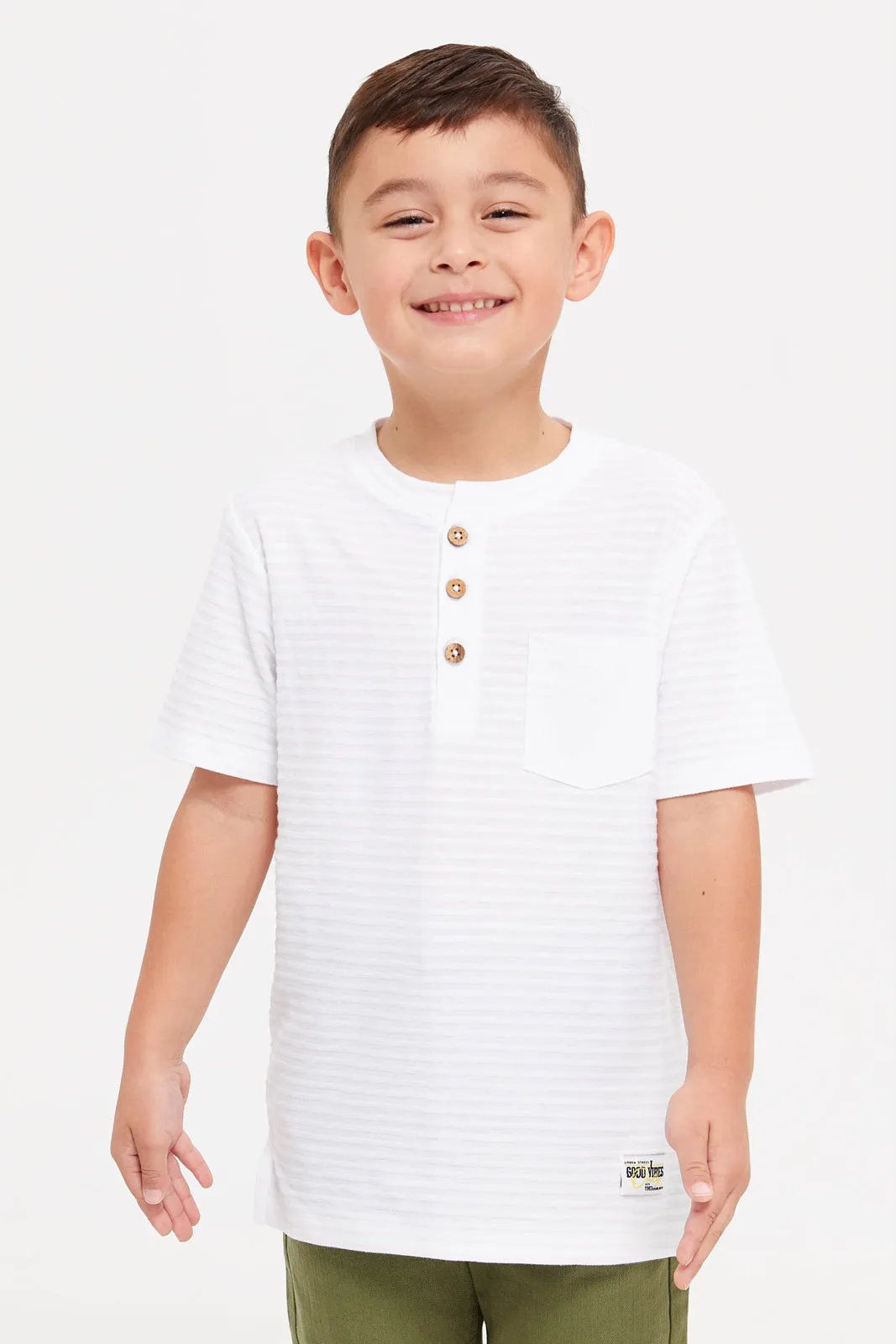 Boys White Henley Jacquard T-Shirt