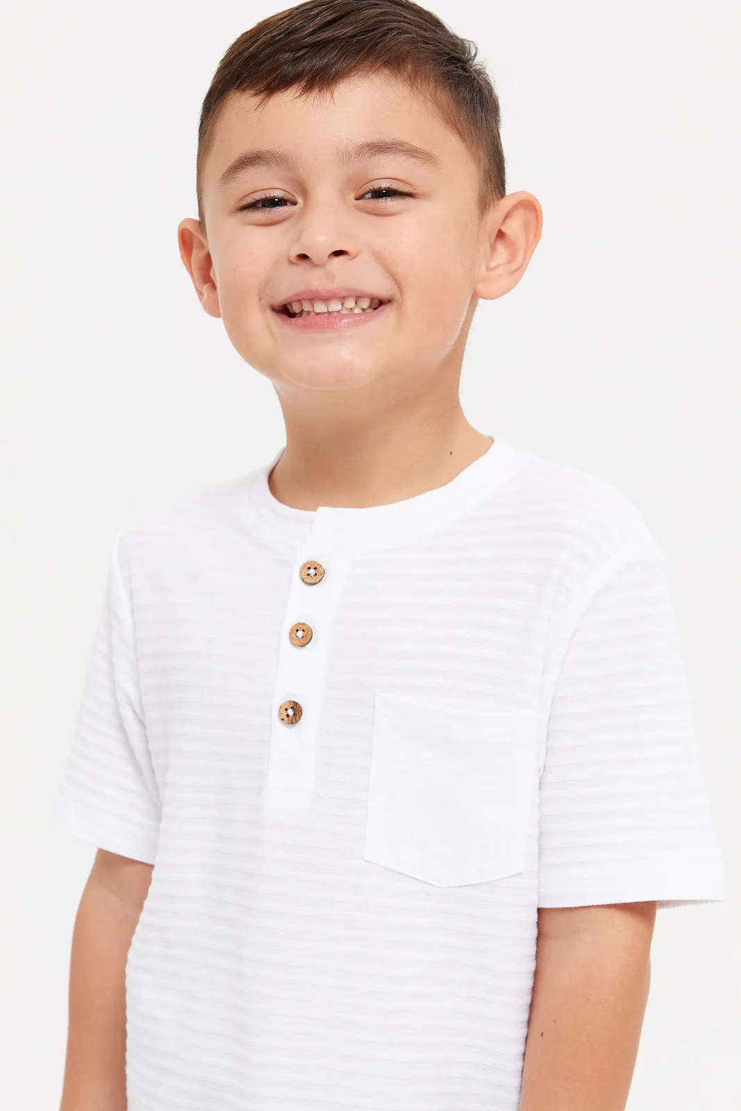 Boys White Henley Jacquard T-Shirt