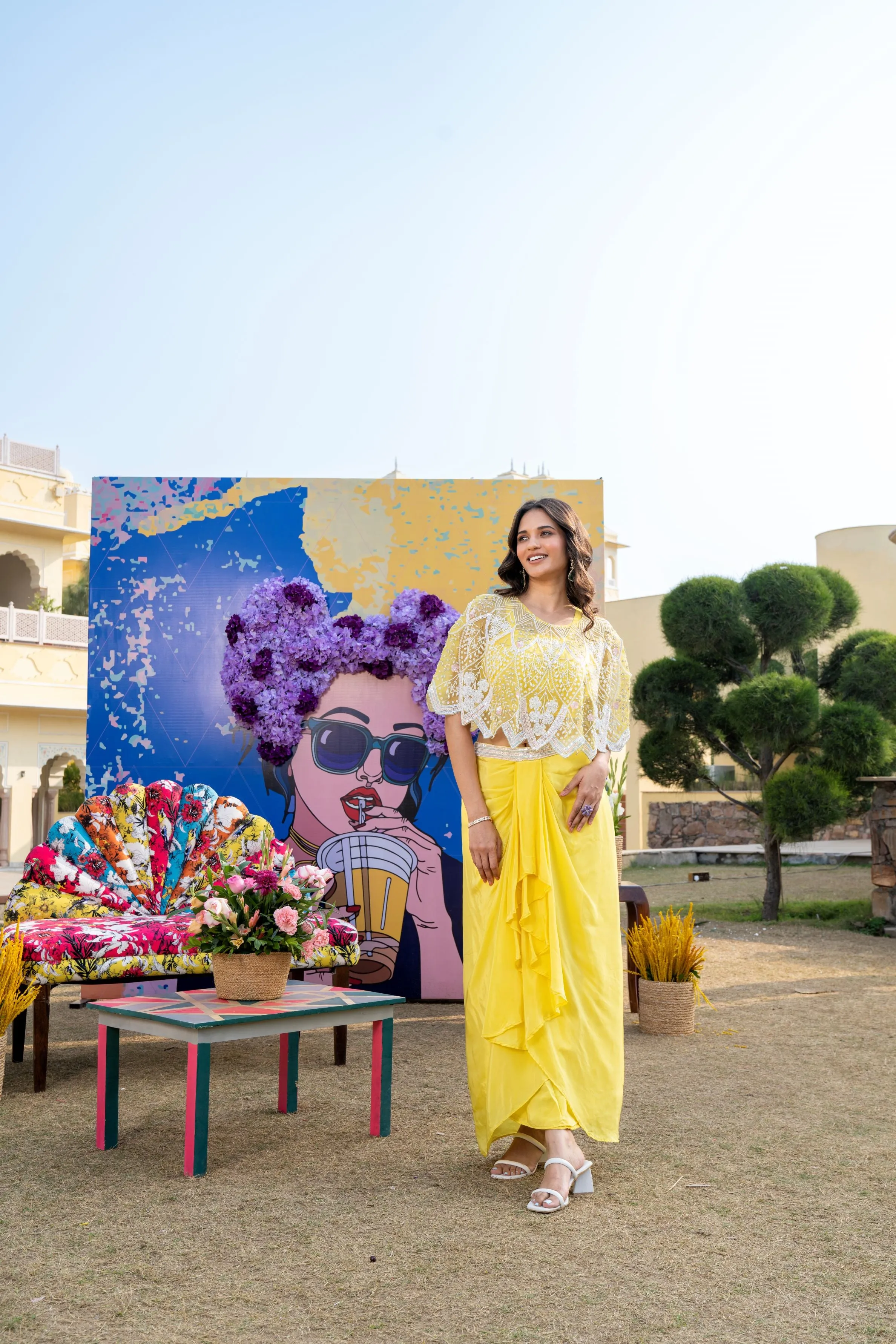 Bright Yellow Embroidered Crepe Silk Skirt Set