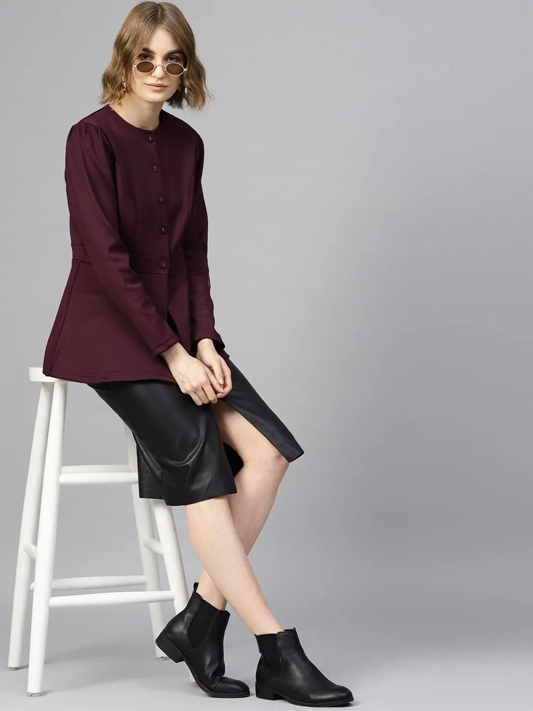 Burgundy Scuba Peplum Coat