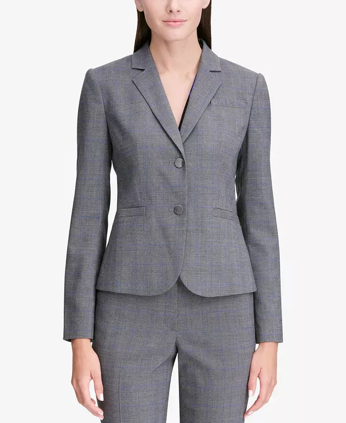 Calvin Klein Women's Glen Plaid Two-Button Jacket Silver Size 12