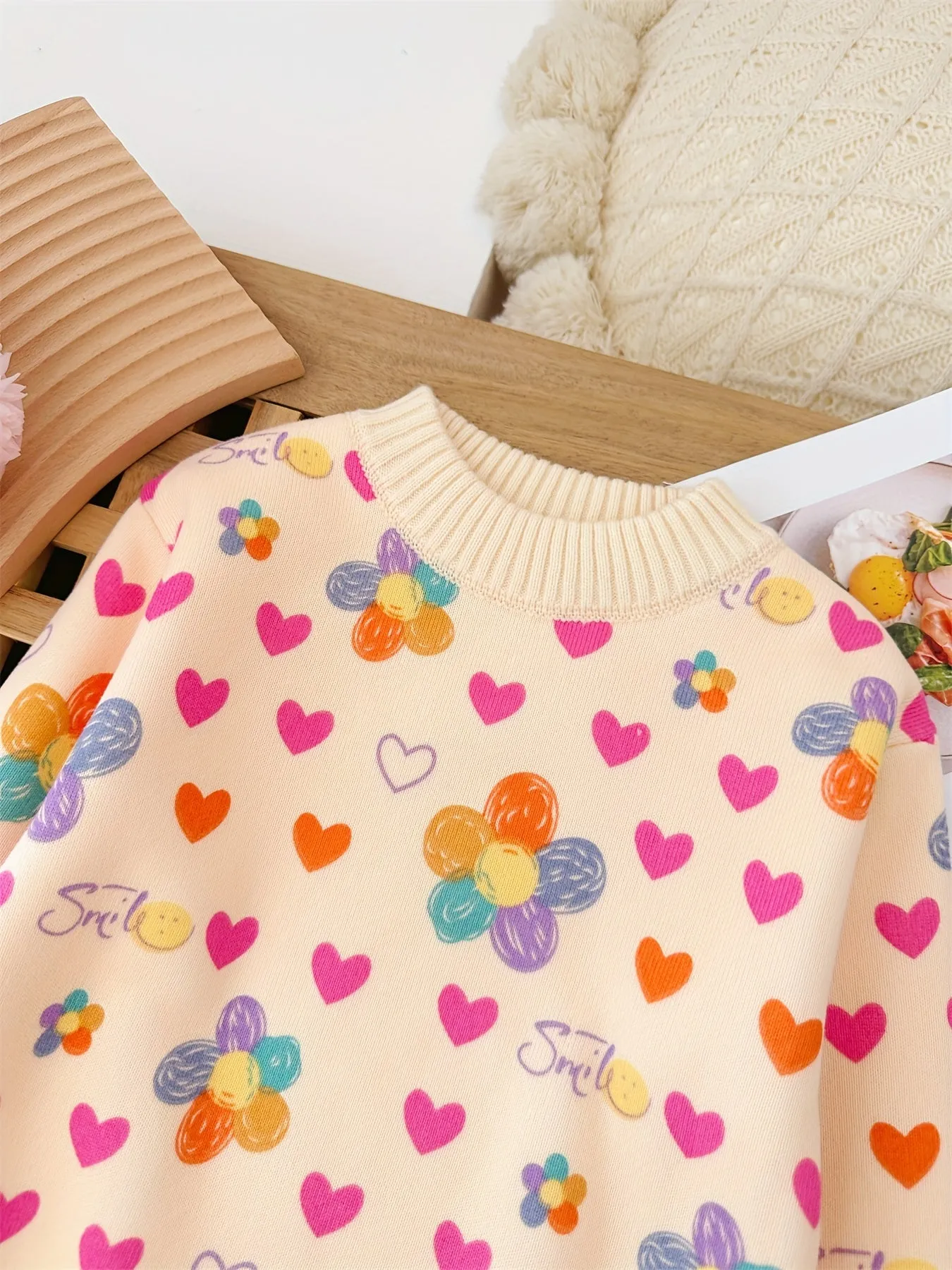 Cartoon Hearts Allover Knit Sweater For Girls, Comfy Casual Long Sleeve Jumper Top, Girls Spring/ Fall Clothing