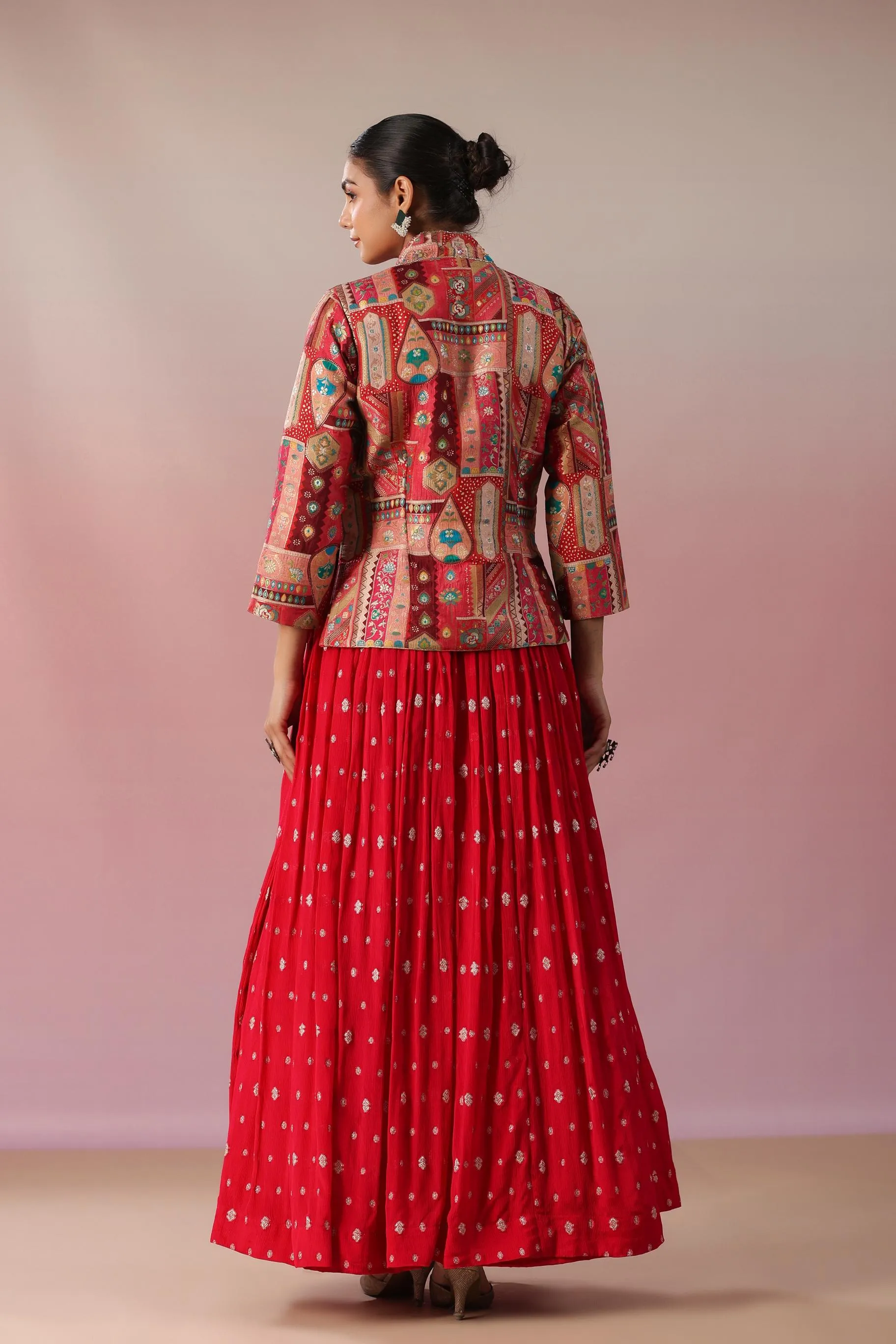 Cerise Pink Embroidered Chinon Silk Skirt Set