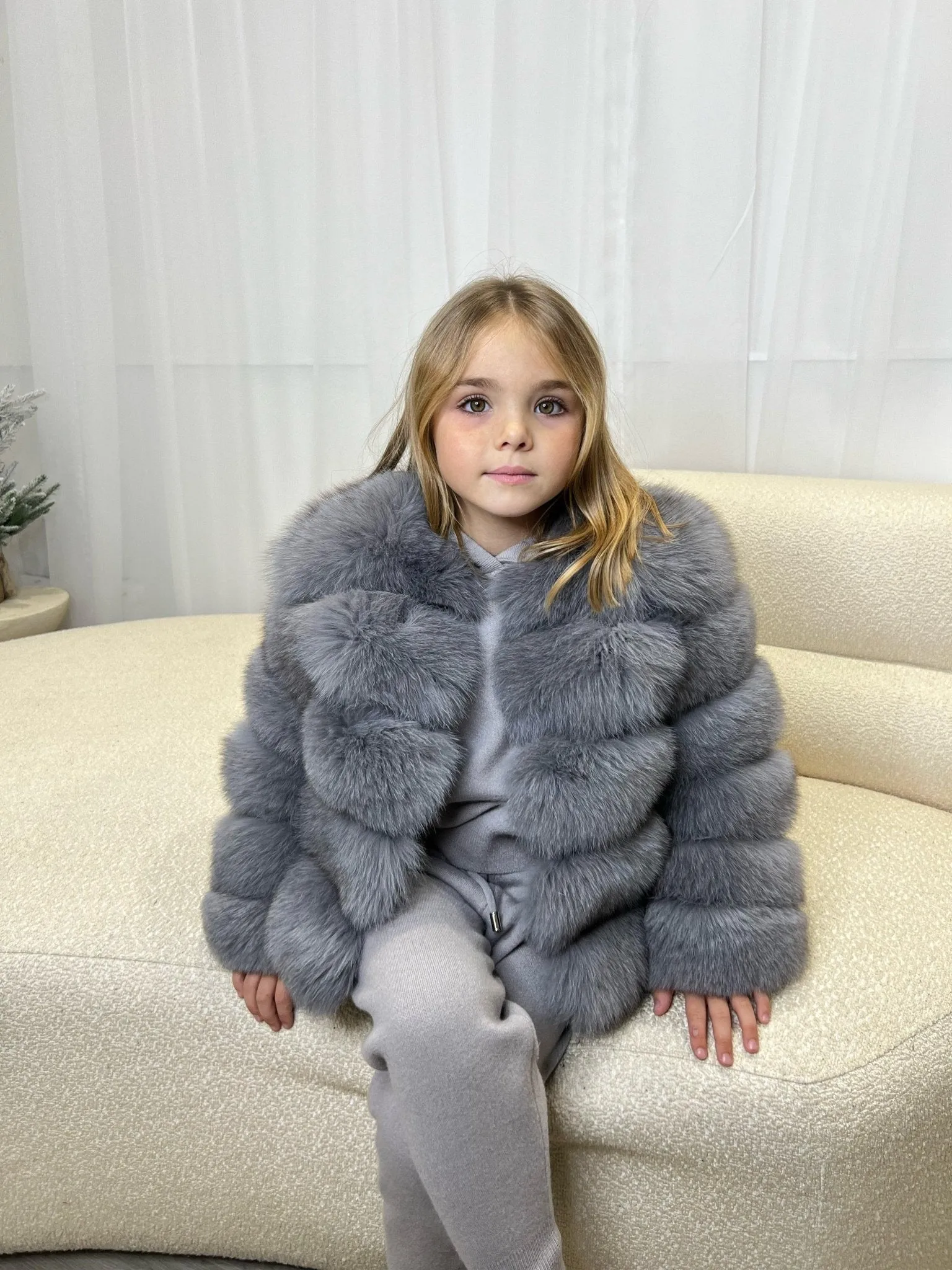 Childrens Dark Grey Luxury Fur Coat