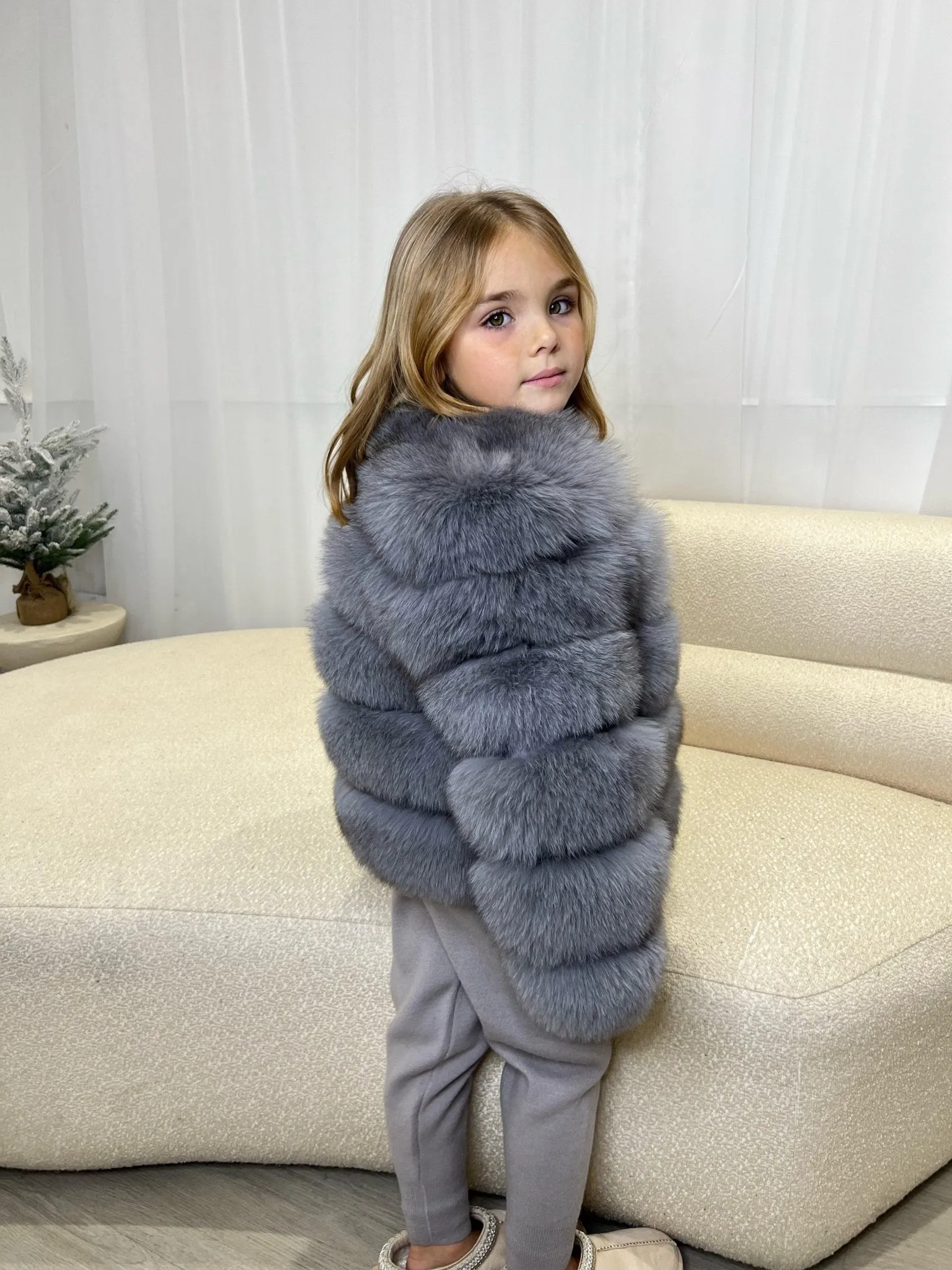 Childrens Dark Grey Luxury Fur Coat