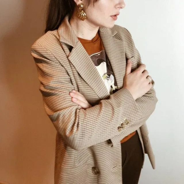 Classic Plaid Double Breasted Women Jacket Blazer Notched Collar Female Suits Coat