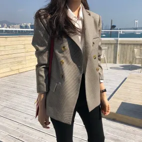 Classic Plaid Double Breasted Women Jacket Blazer Notched Collar Female Suits Coat