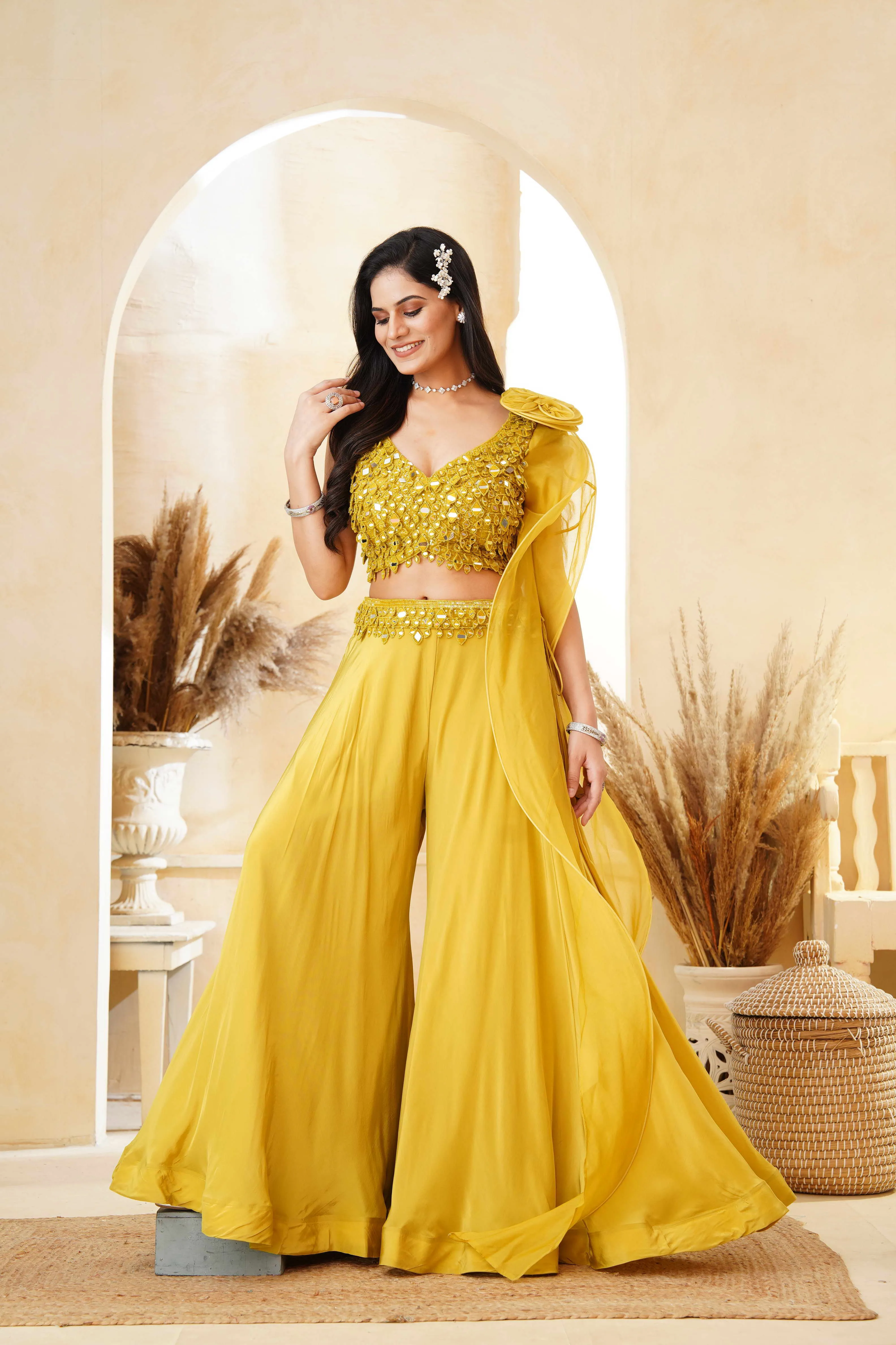 Classic Yellow Embellished Crepe Silk Palazzo Set