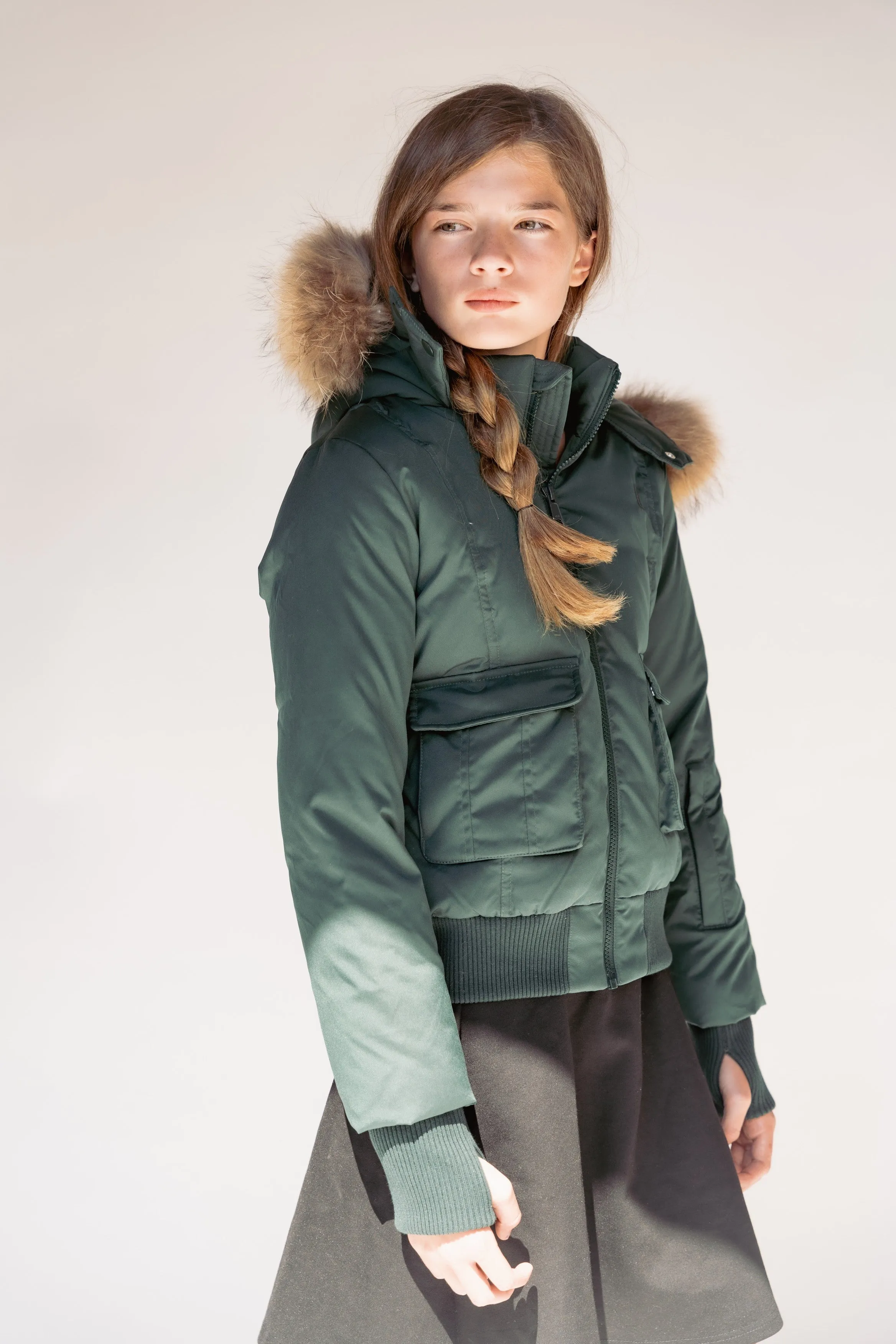 coat matte pockets with removable fur - hunter green