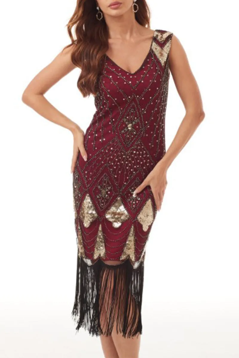 College Formal Patchwork Tassel Sequins Beading V Neck Evening Dress Dresses