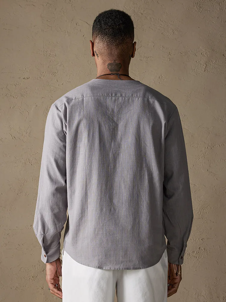 Cotton Linen Henley Shirt With Pocket