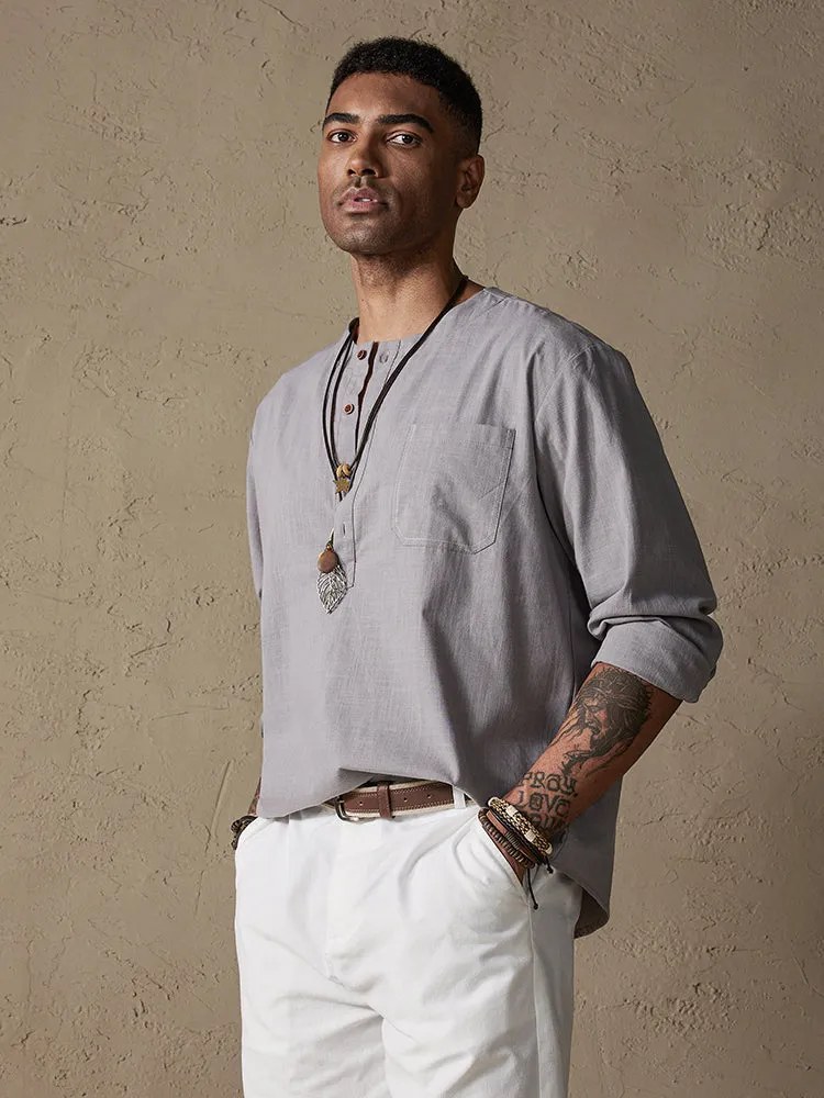 Cotton Linen Henley Shirt With Pocket