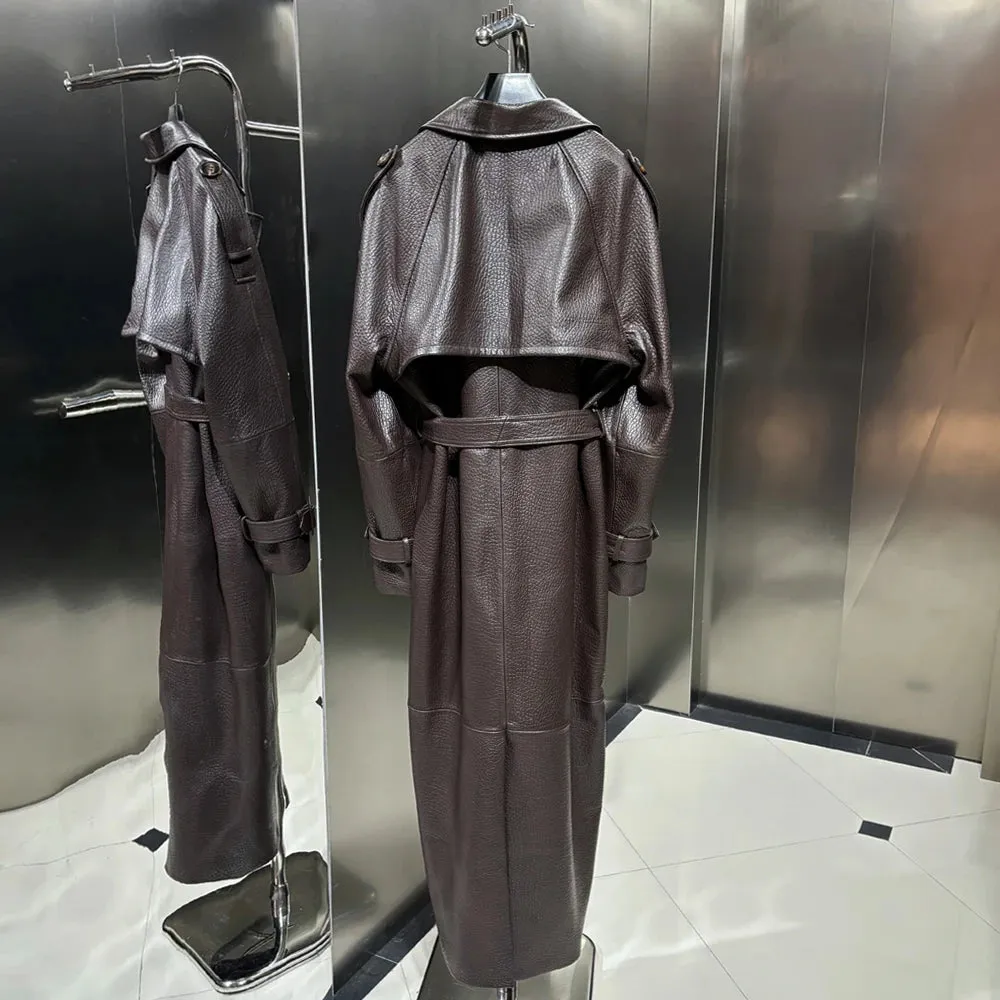 Couture Lambskin Leather Belted Long Coat