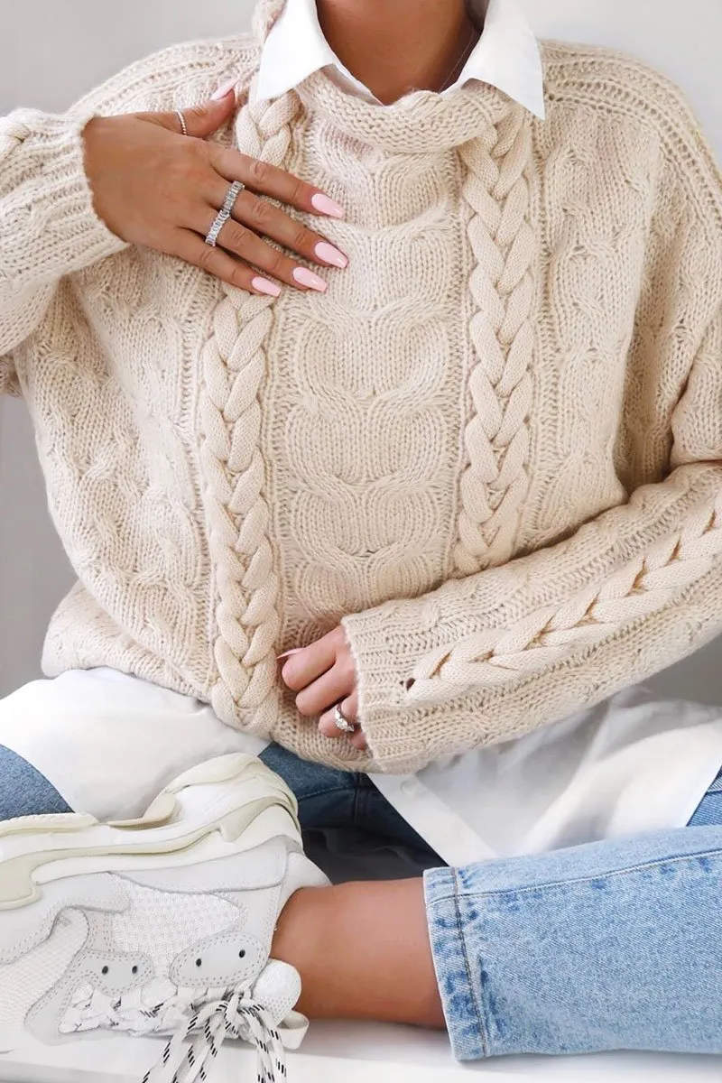 Cream Cable Knit High Neck Oversized Jumper - Kiyla