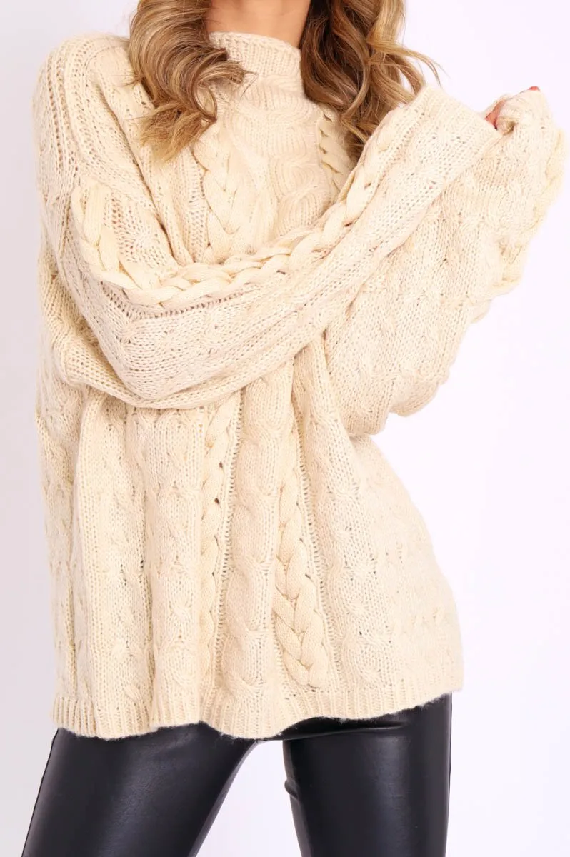 Cream Cable Knit High Neck Oversized Jumper - Kiyla