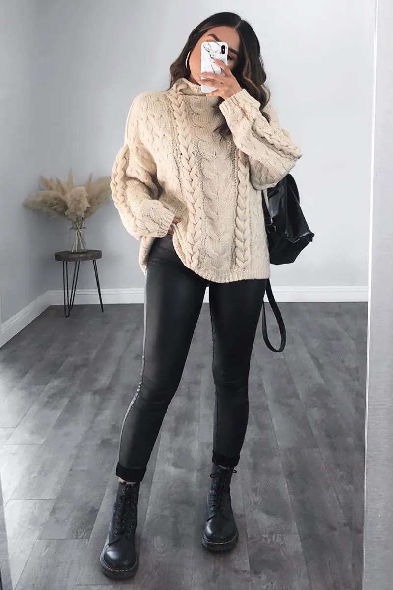 Cream Cable Knit High Neck Oversized Jumper - Kiyla