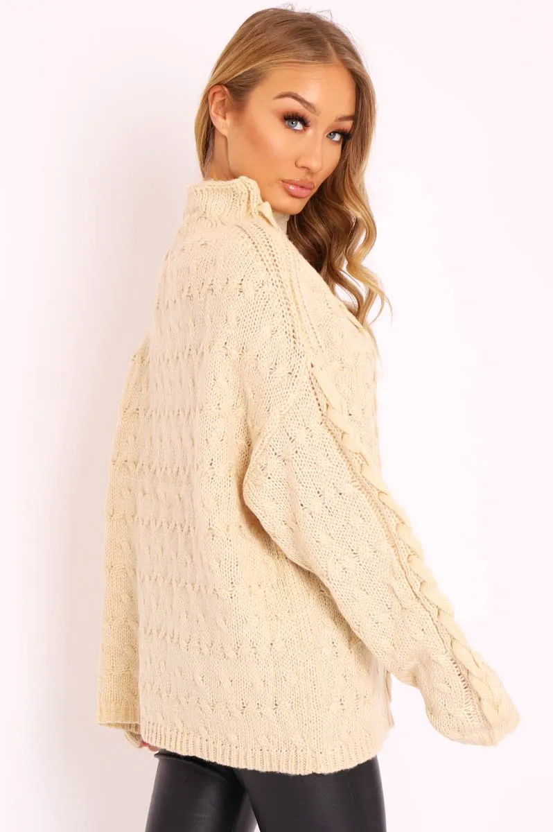 Cream Cable Knit High Neck Oversized Jumper - Kiyla