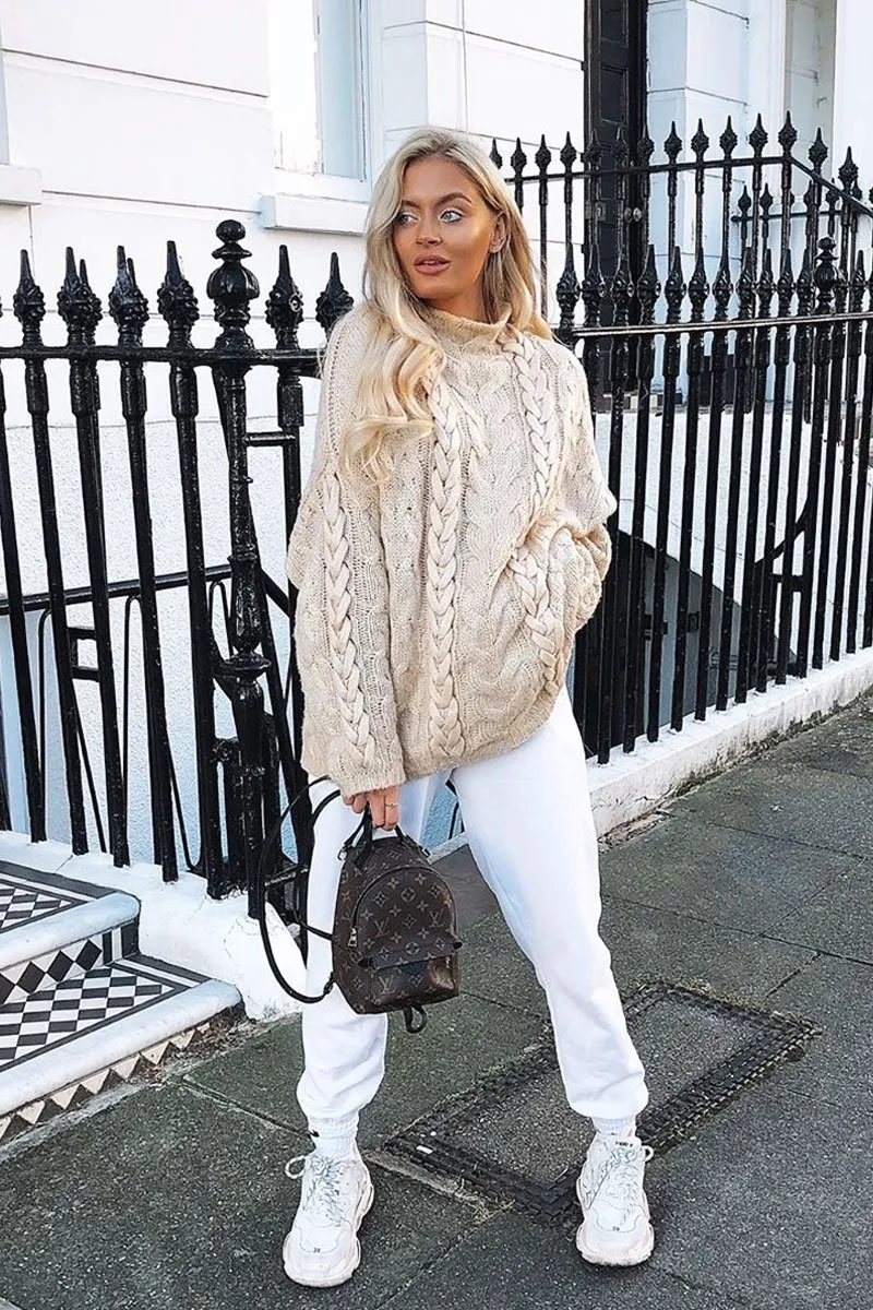 Cream Cable Knit High Neck Oversized Jumper - Kiyla