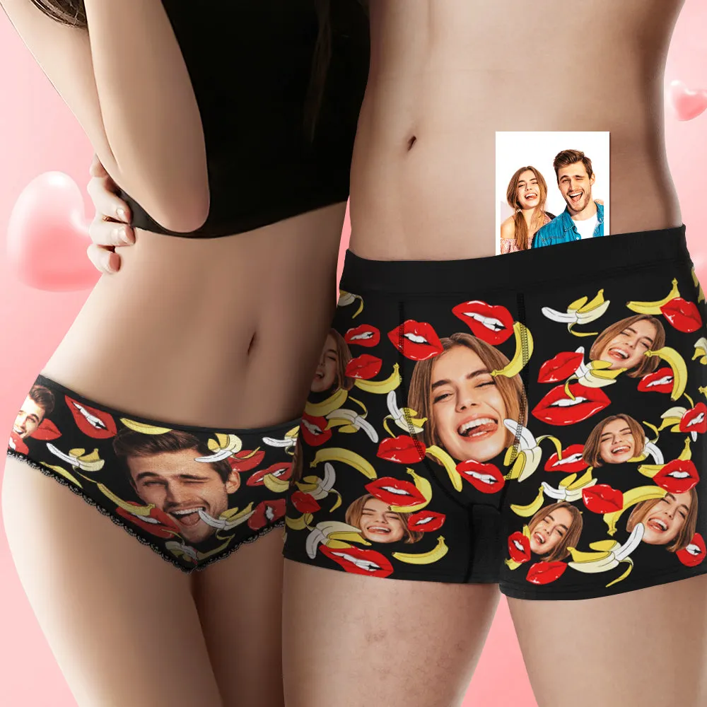 Custom Face Underwear Personalised Eat Banana Boxer Briefs and Panties Valentine's Day Gifts for Couple