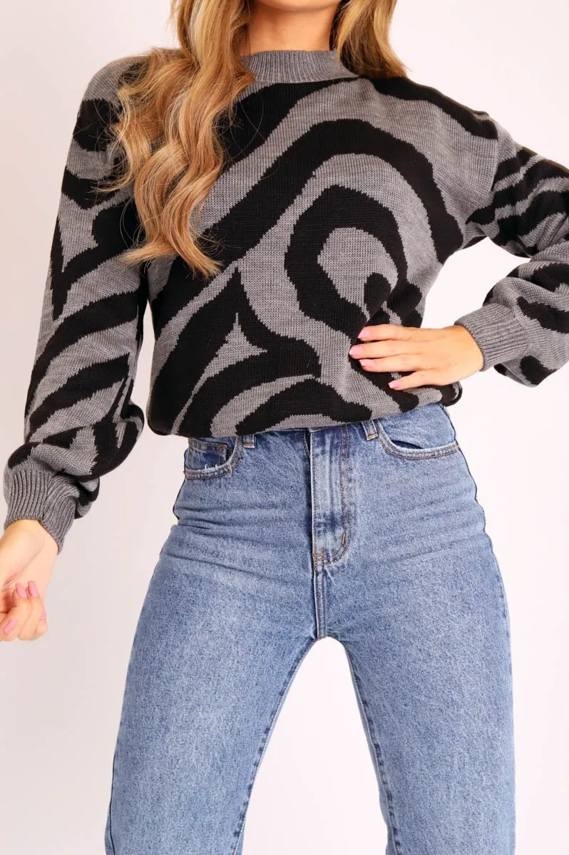 Dark Grey Black Abstract Print Knit Jumper - Palyn