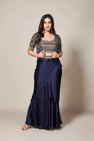 Deep Blue Embellished Satin Silk Skirt Set