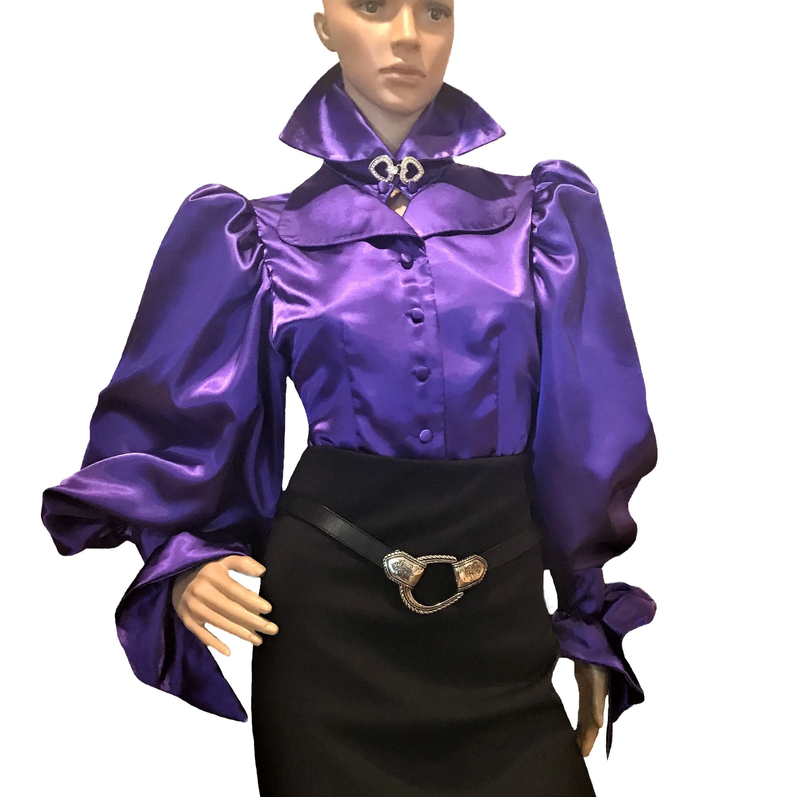 Deep purple puff sleeve satin lapel collar blouse in XS S M L XL 2XL 3XL 4XL