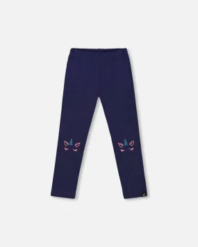 Deux Par Deux Jersey Leggings - Peacoat Unicorn Knee Print