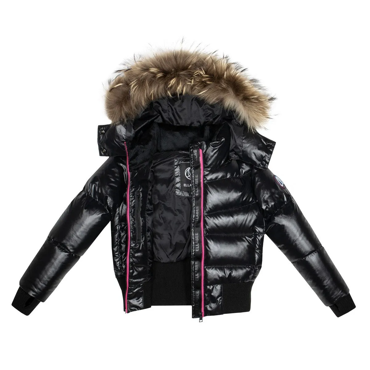 Ellabee Black/Fuchsia Accent With Natural Racoon Fur Celine Bomber Coat