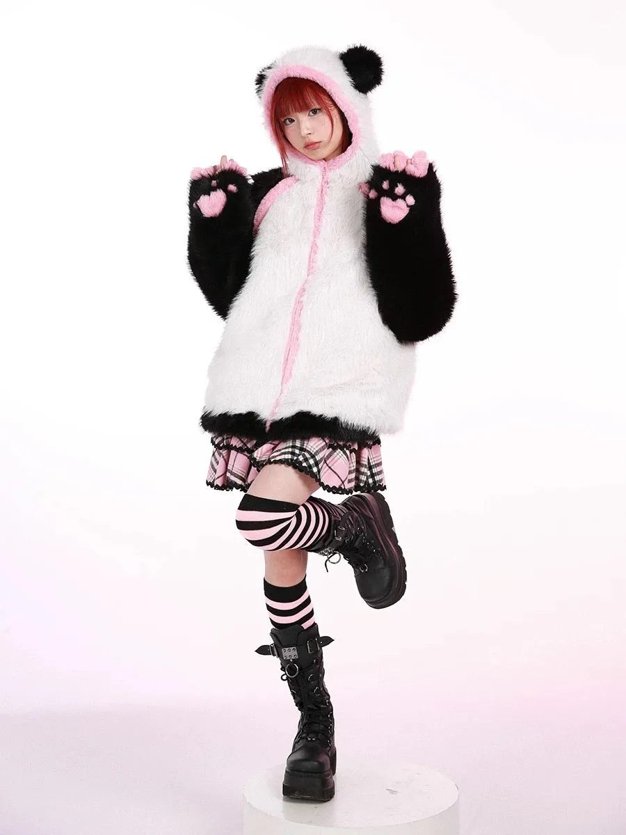 Evil Tooth Kawaii Panda Look Faux Fur Hoodie Coat Christmas