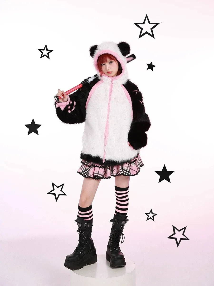 Evil Tooth Kawaii Panda Look Faux Fur Hoodie Coat Christmas